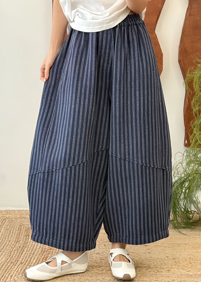 Women Blue Striped Patchwork Elastic Waist Cotton Pants Fall