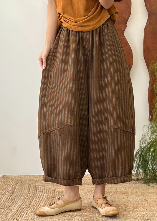 Women Blue Striped Patchwork Elastic Waist Cotton Pants Fall