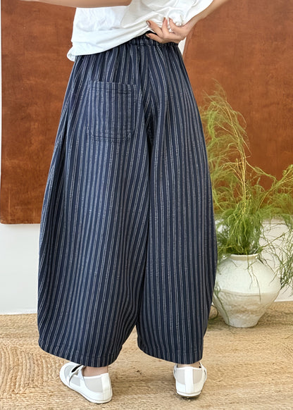 Women Blue Striped Patchwork Elastic Waist Cotton Pants Fall
