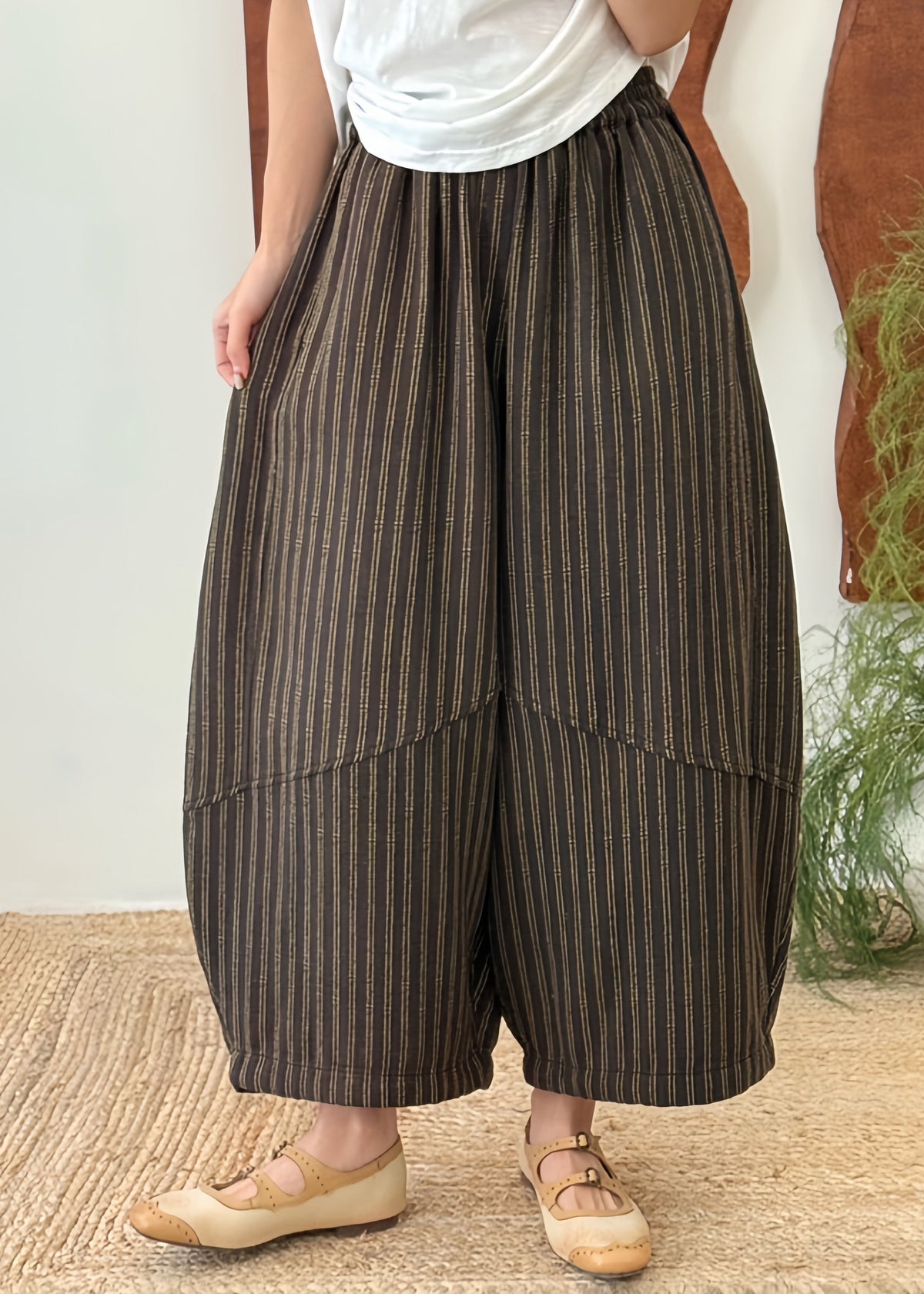 Women Blue Striped Patchwork Elastic Waist Cotton Pants Fall