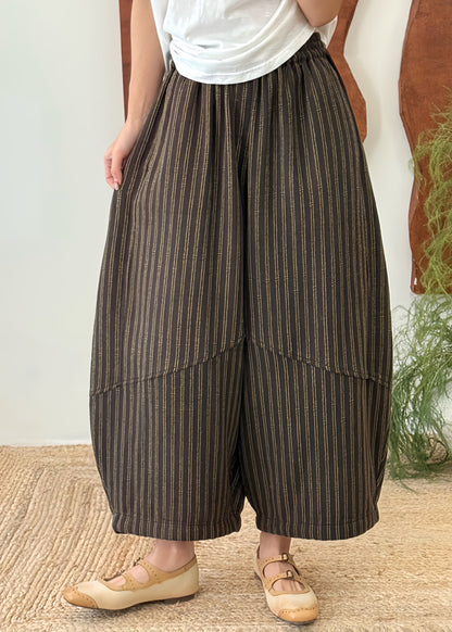 Women Blue Striped Patchwork Elastic Waist Cotton Pants Fall