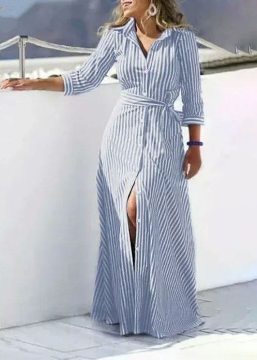 Women Blue Striped Tie Waist Cotton Shirt Dress Summer