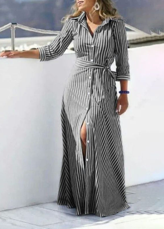 Women Blue Striped Tie Waist Cotton Shirt Dress Summer