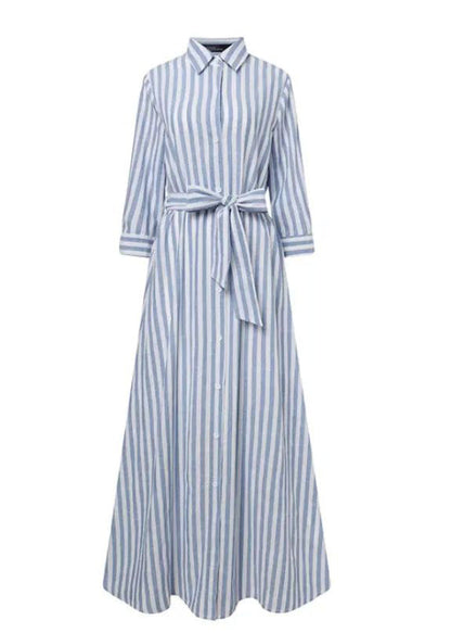 Women Blue Striped Tie Waist Cotton Shirt Dress Summer
