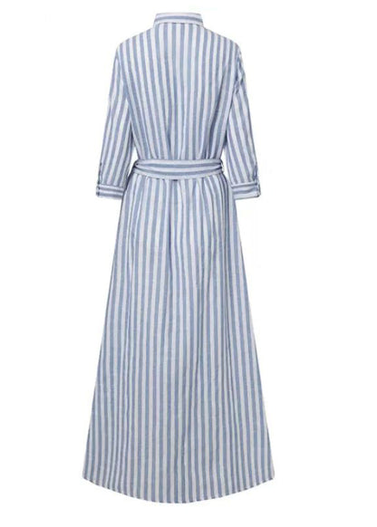 Women Blue Striped Tie Waist Cotton Shirt Dress Summer