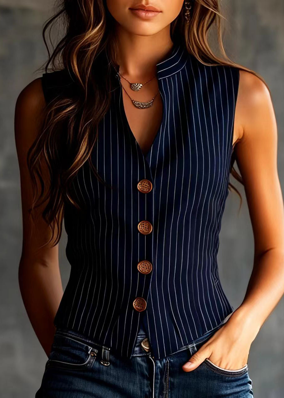 Women Blue Striped V Neck Patchwork Cotton Vest Sleeveless