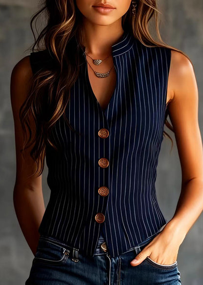 Women Blue Striped V Neck Patchwork Cotton Vest Sleeveless