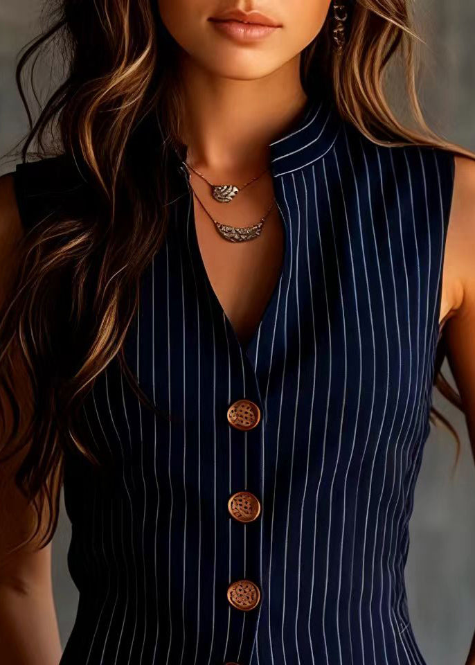 Women Blue Striped V Neck Patchwork Cotton Vest Sleeveless