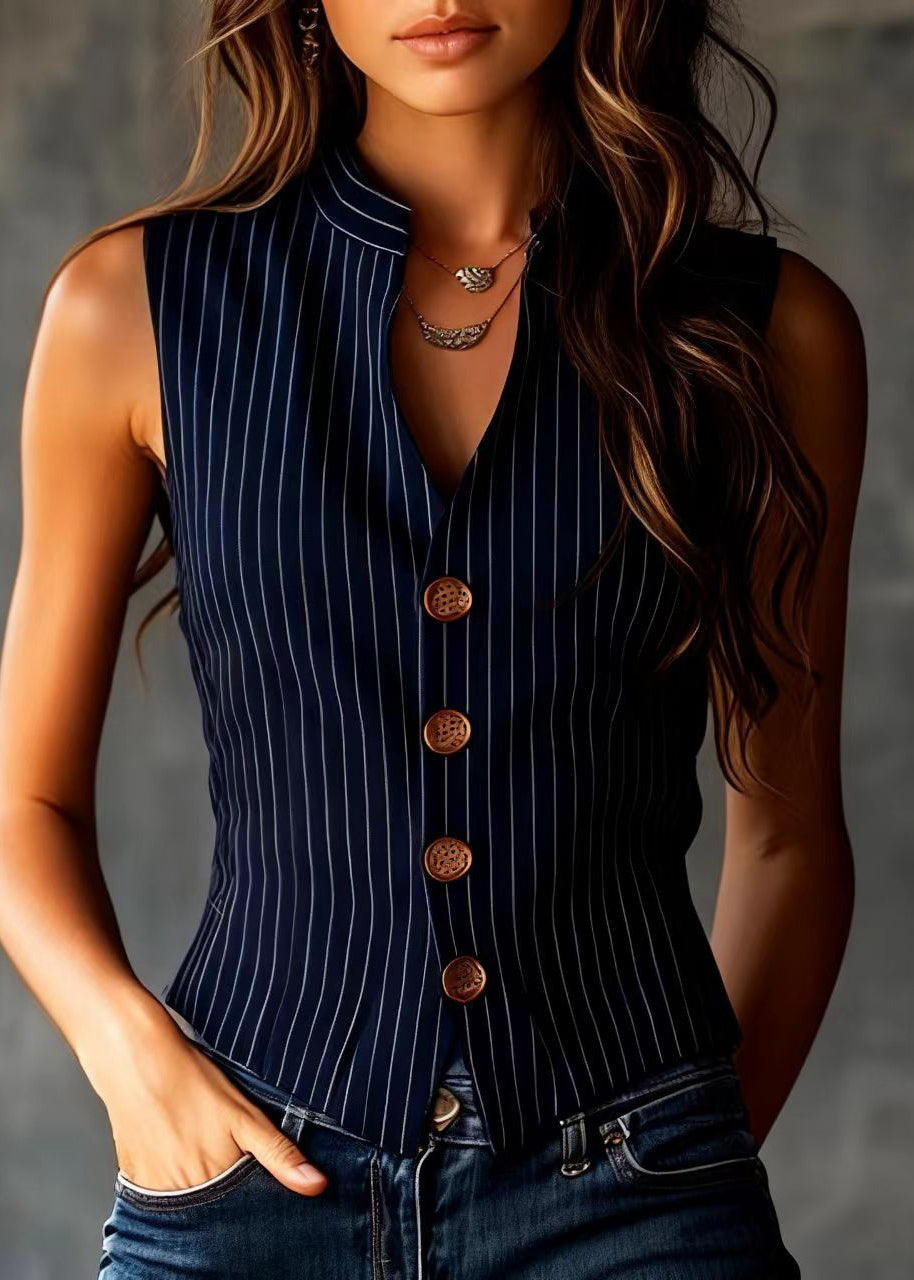 Women Blue Striped V Neck Patchwork Cotton Vest Sleeveless