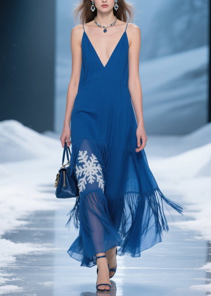 Women Blue Tassel Patchwork Spaghetti Strap Dress Summer