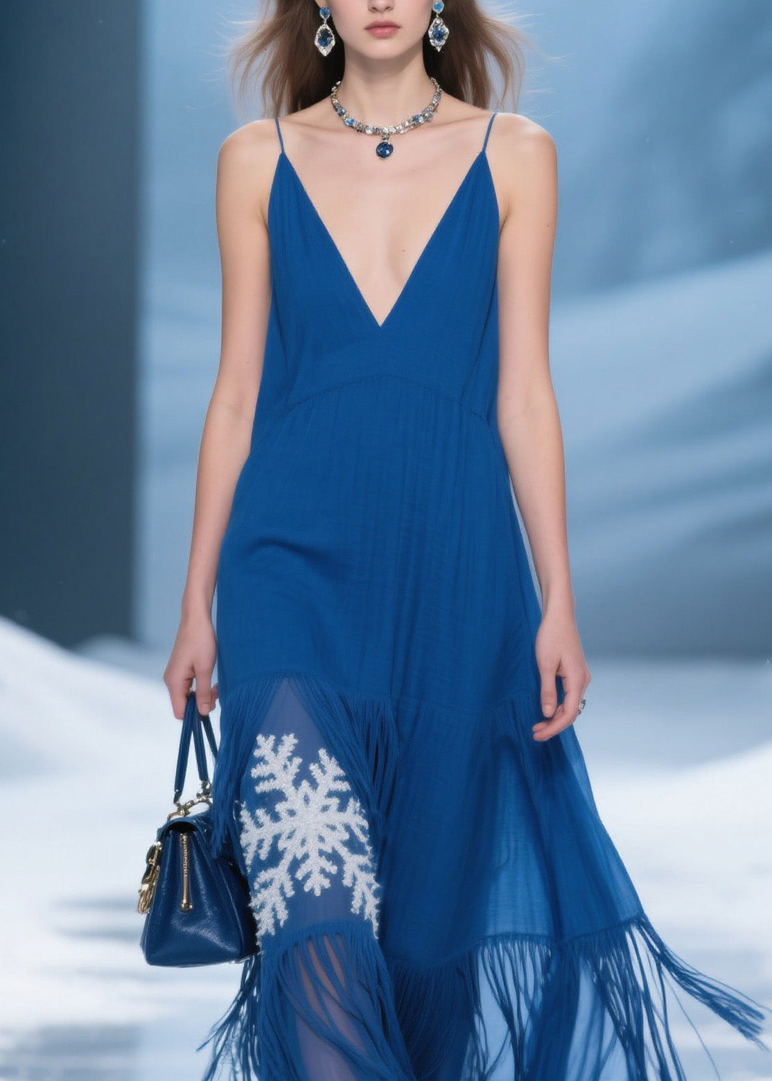 Women Blue Tassel Patchwork Spaghetti Strap Dress Summer