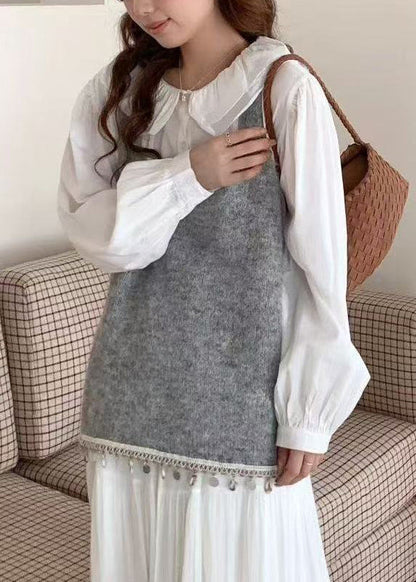 Women Blue Tasseled Bow Knitted Tops Spring