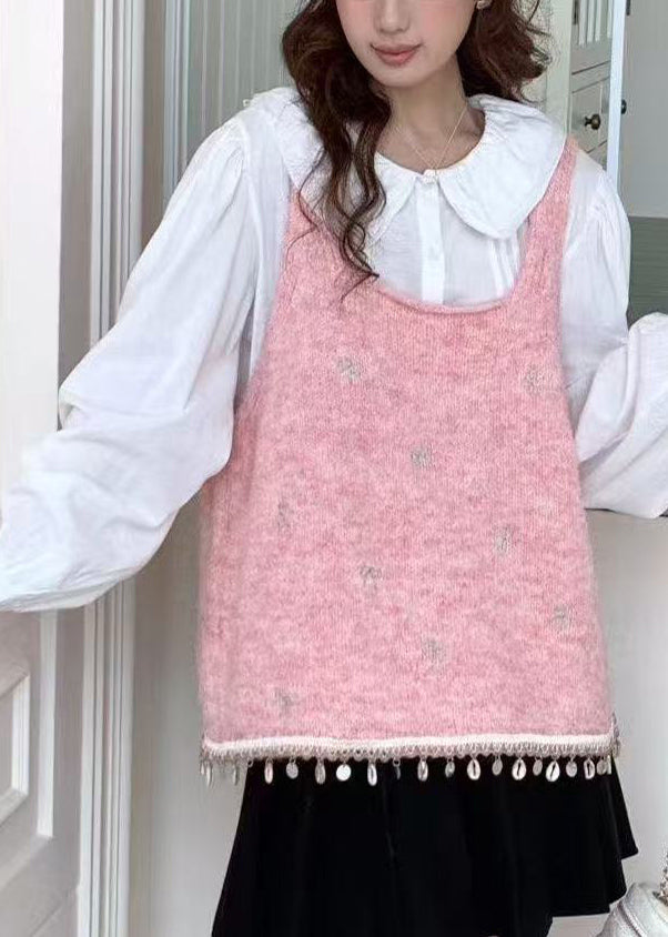 Women Blue Tasseled Bow Knitted Tops Spring