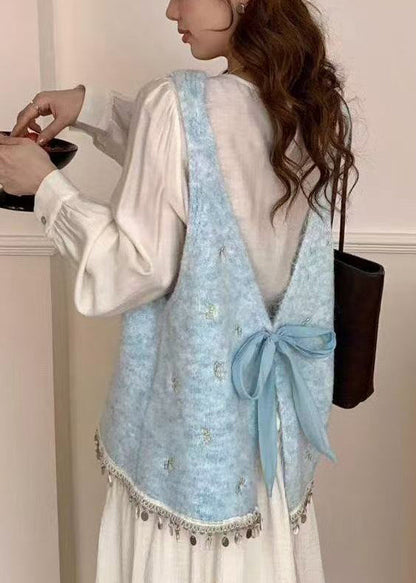 Women Blue Tasseled Bow Knitted Tops Spring