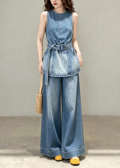 Women Blue Tunic Pockets Denim Two Pieces Set Sleeveless