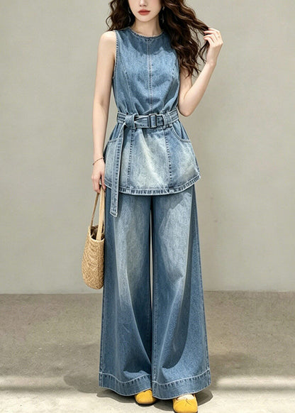 Women Blue Tunic Pockets Denim Two Pieces Set Sleeveless
