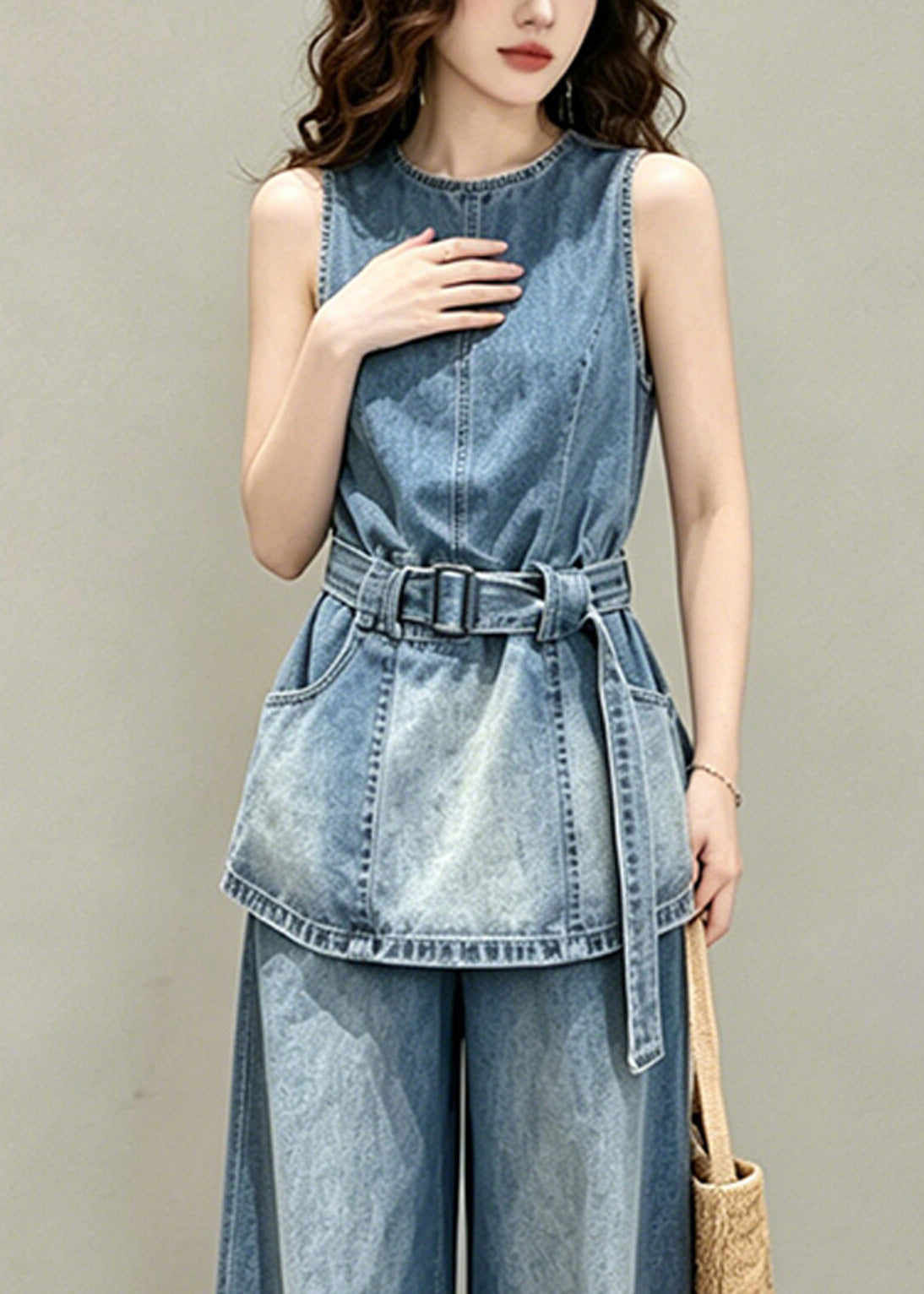 Women Blue Tunic Pockets Denim Two Pieces Set Sleeveless