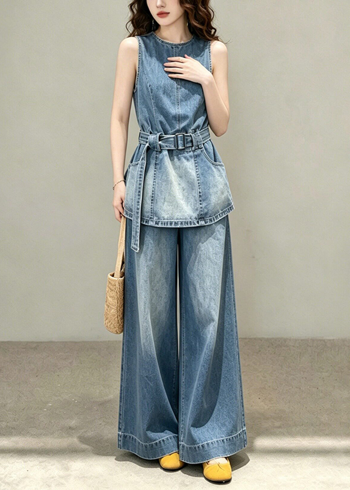 Women Blue Tunic Pockets Denim Two Pieces Set Sleeveless