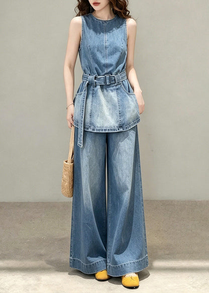 Women Blue Tunic Pockets Denim Two Pieces Set Sleeveless