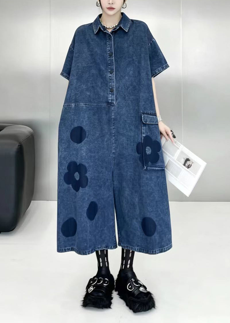 Women Blue Turn-Down Collar Oversized Print Denim Jumpsuit Short Sleeve