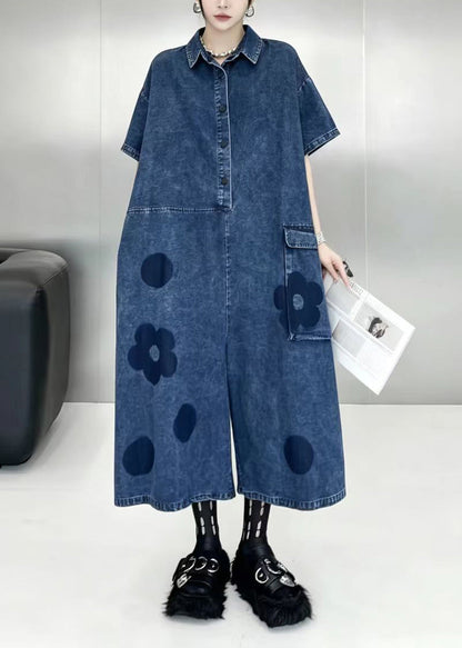 Women Blue Turn-Down Collar Oversized Print Denim Jumpsuit Short Sleeve