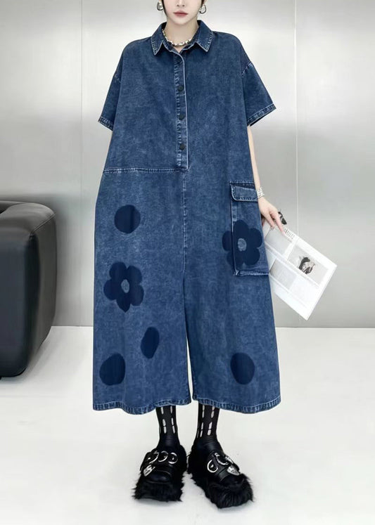 Women Blue Turn-Down Collar Oversized Print Denim Jumpsuit Short Sleeve