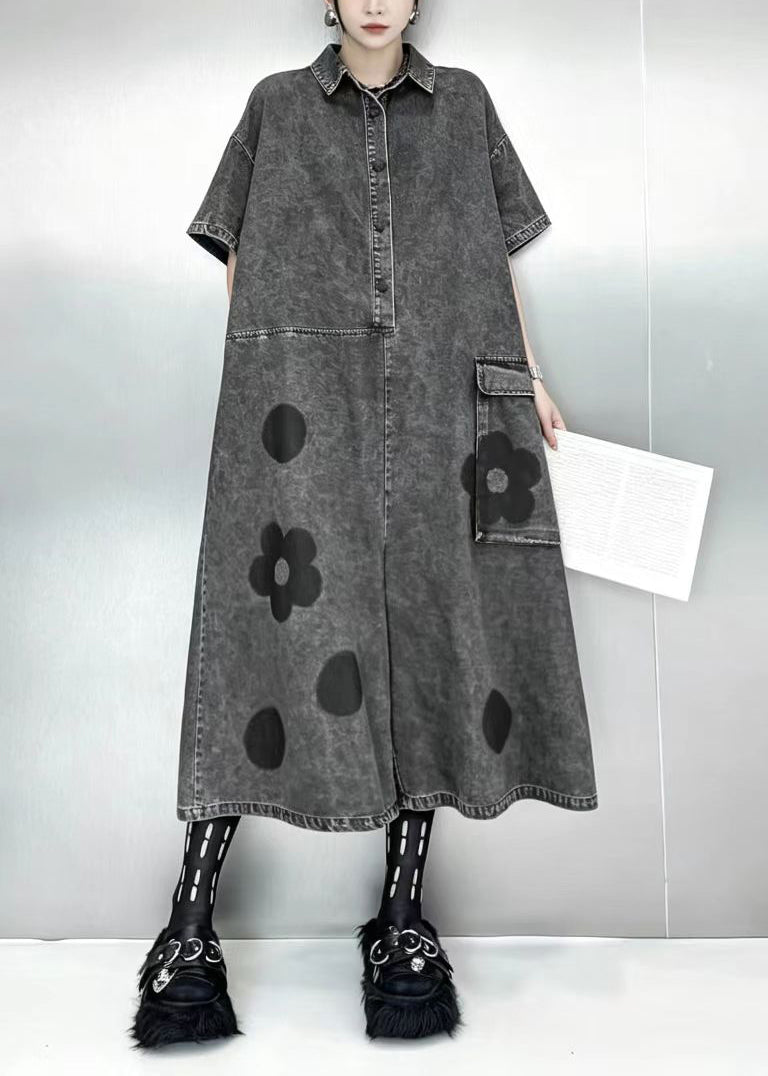Women Blue Turn-Down Collar Oversized Print Denim Jumpsuit Short Sleeve