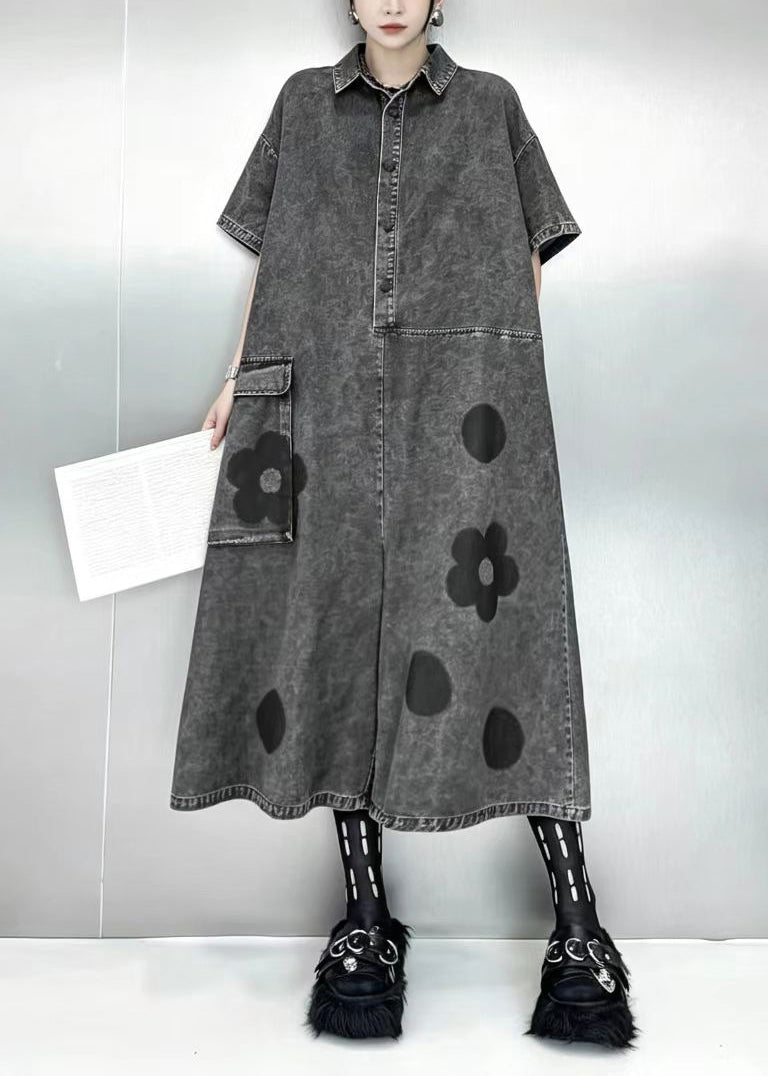 Women Blue Turn-Down Collar Oversized Print Denim Jumpsuit Short Sleeve