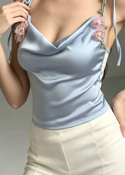 Women Blue Turtle Neck Floral Satin Beach Vest Summer