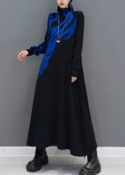 Women Blue Turtle Neck Knit long Dress Spring