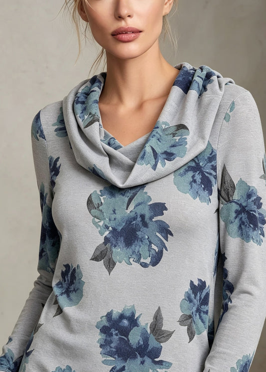 Women Blue Turtle Neck Print Cotton T Shirt Fall
