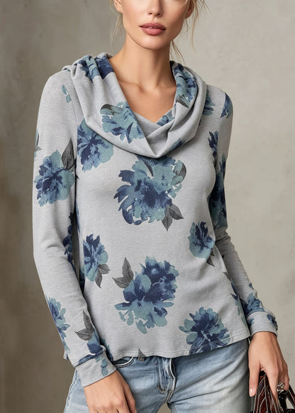 Women Blue Turtle Neck Print Cotton T Shirt Fall