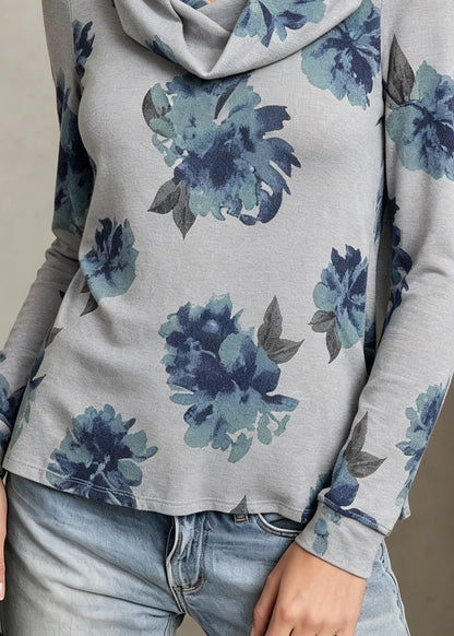 Women Blue Turtle Neck Print Cotton T Shirt Fall