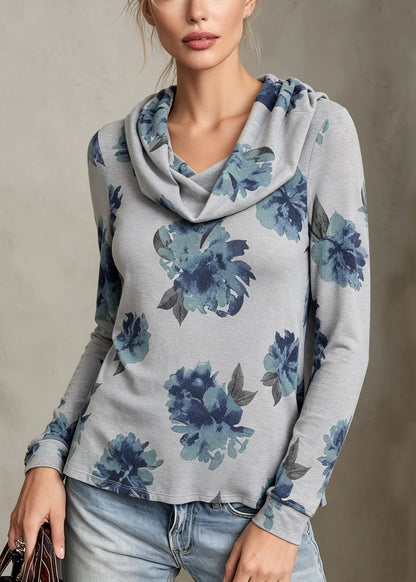 Women Blue Turtle Neck Print Cotton T Shirt Fall