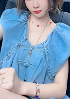 Women Blue V Neck Button Denim Tops Sleeveless