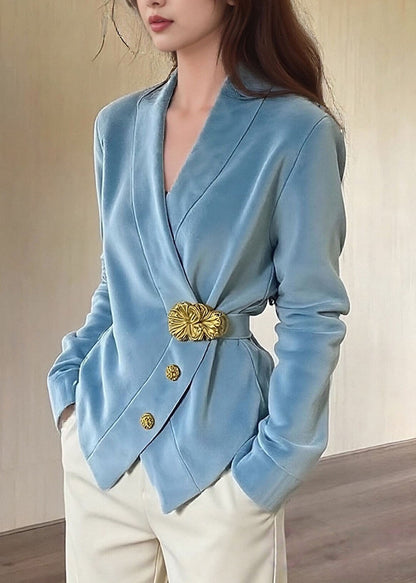 Women Blue V Neck Button Patchwork Velvet Suit Coat Fall