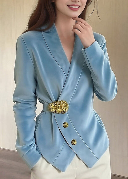 Women Blue V Neck Button Patchwork Velvet Suit Coat Fall