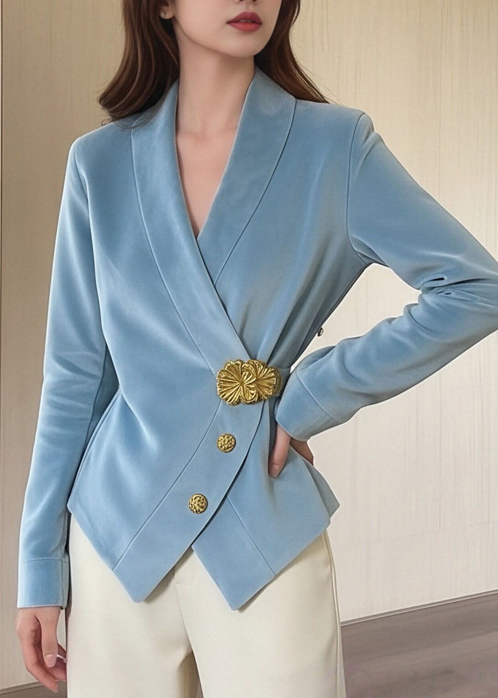 Women Blue V Neck Button Patchwork Velvet Suit Coat Fall