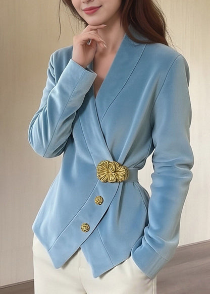 Women Blue V Neck Button Patchwork Velvet Suit Coat Fall