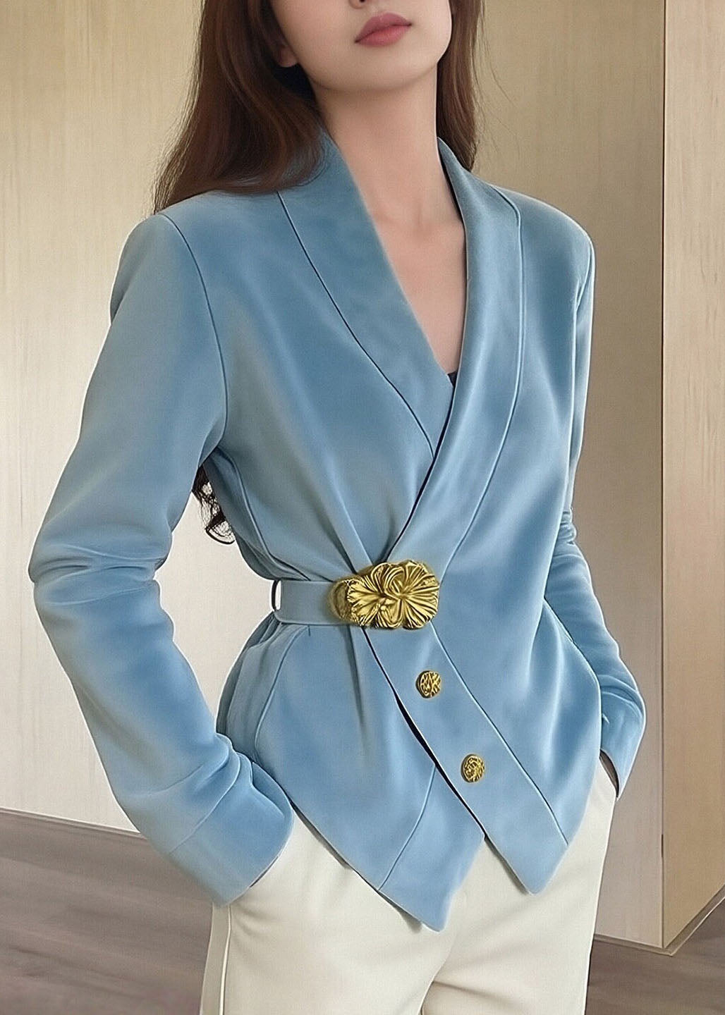 Women Blue V Neck Button Patchwork Velvet Suit Coat Fall