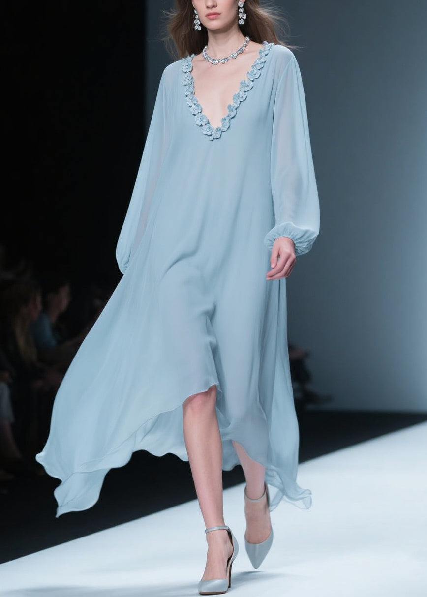 Women Blue V Neck Floral Solid Chiffon Long Dresses