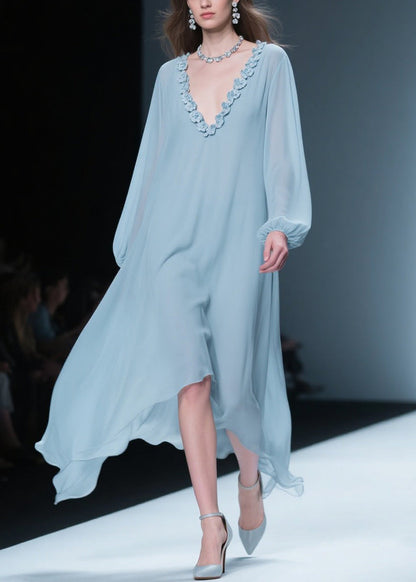 Women Blue V Neck Floral Solid Chiffon Long Dresses