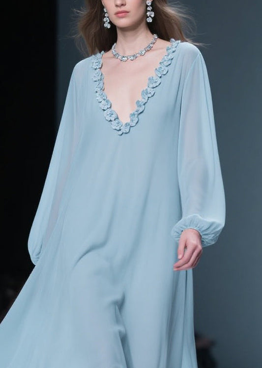 Women Blue V Neck Floral Solid Chiffon Long Dresses
