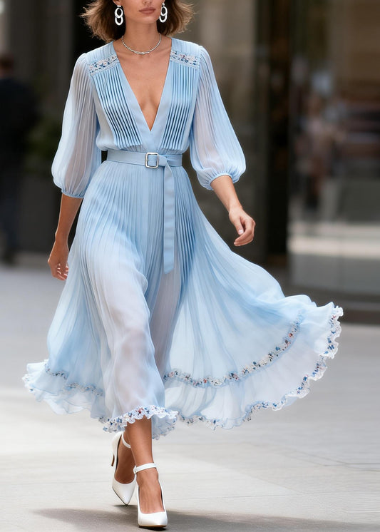 Women Blue V Neck Floral Wrinkled Chiffon Dresses Summer