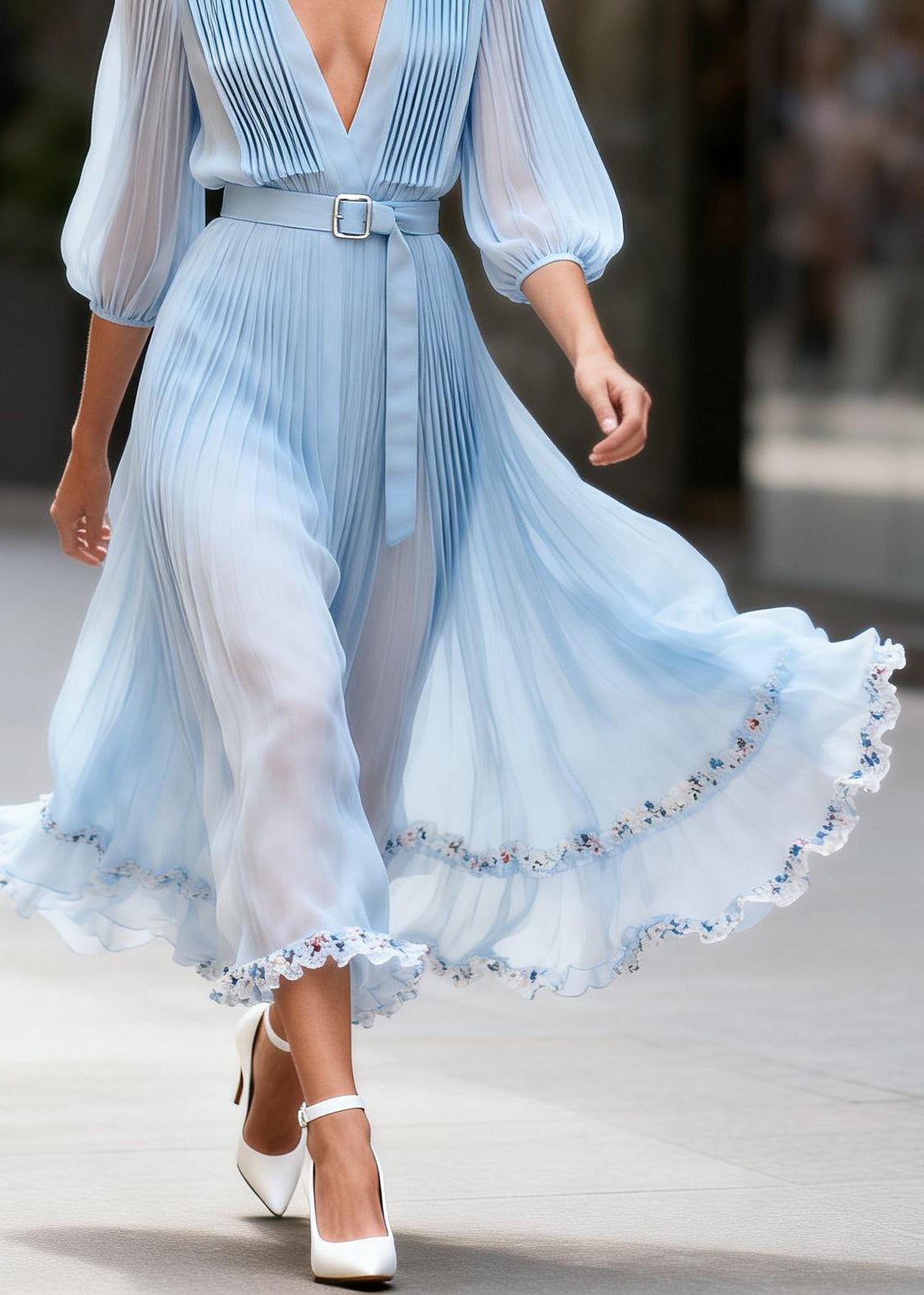 Women Blue V Neck Floral Wrinkled Chiffon Dresses Summer