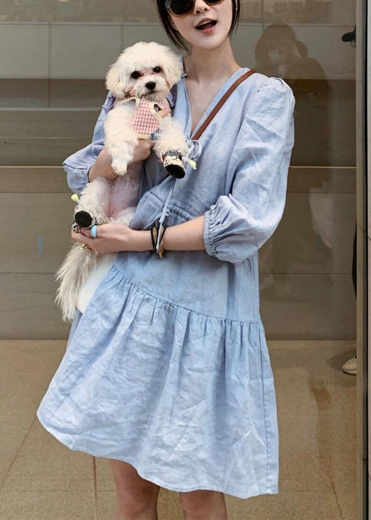 Women Blue V Neck Lace Up Linen Mid Dress Bracelet Sleeve