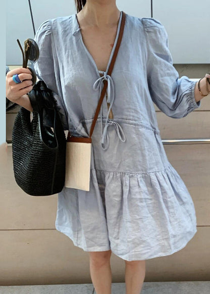 Women Blue V Neck Lace Up Linen Mid Dress Bracelet Sleeve