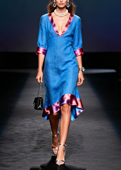 Women Blue V Neck Patchwork Cotton Long Dress Summer