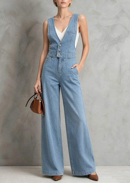 Women Blue V Neck Patchwork Denim Jumpsuit Sleeveless