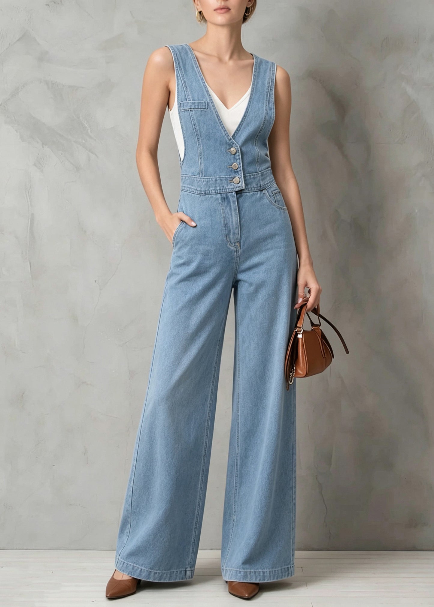 Women Blue V Neck Patchwork Denim Jumpsuit Sleeveless